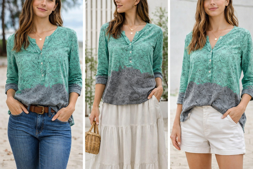 Bombay Paisley Artsy Ombre green Gray tunic Top Boho Coastal Cottage core Sz- M